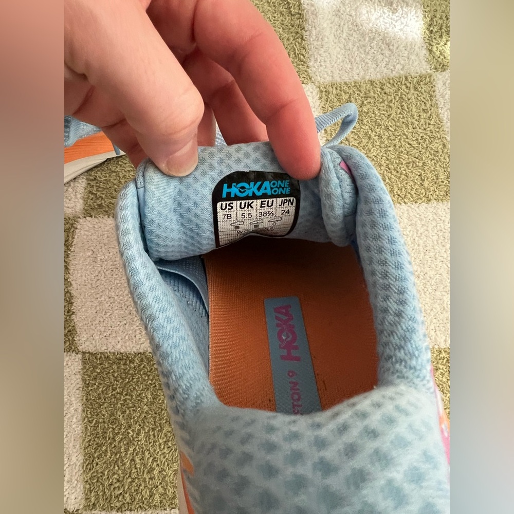 Hoka Clifton 9 Light Blue and Orange Athletic Running Shoes - Picture 5 of 7